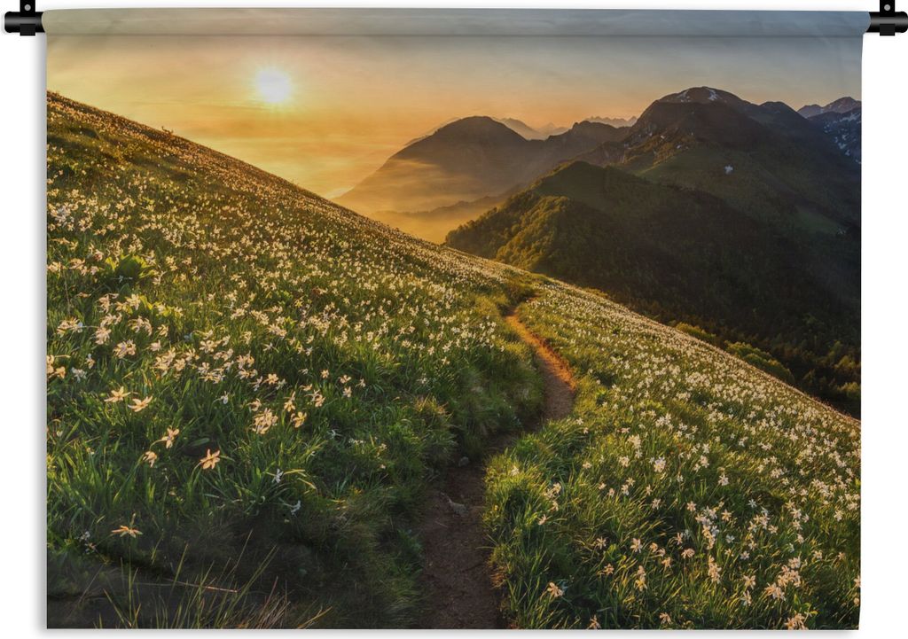 MuchoWow Wandteppich Wandbehang Blumen - Sonne - Berge 60x45 cm Tapisserie Dekoration Wandtuch - Das Schlafzimmer