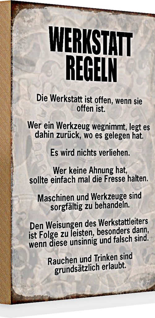 Holzschild Spruch 20x30cm Werkstatt Regeln Werkzeug