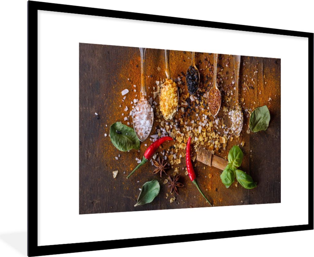 MuchoWow Gerahmtes Poster Löffel - Kräuter - Gewürze - Salz 90x60 cm - Poster mit Schwarzem Bilderrahmen Wandposter Rahmen Foto Bilder - Wandd...
