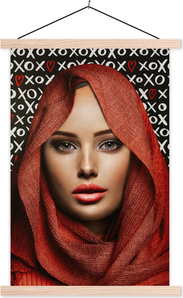 MuchoWow Textilposter Frau - Schnittmuster - Kopftuch 60x90 cm mit holzfarbenen Rahmen - Textil