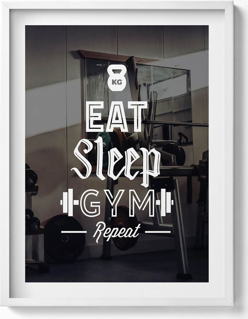 Motivationszeichen „Eat sleep gym repeat“ (essen, schlafen, trainieren, wiederholen)– Wandbild mit Rahmen – Gerahmtes Bild – Wanddekorat...