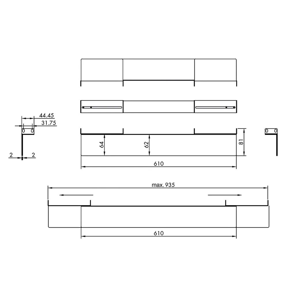 Kit rails pour baie informatique 19 pouces ajustable de 610 à 935 mm