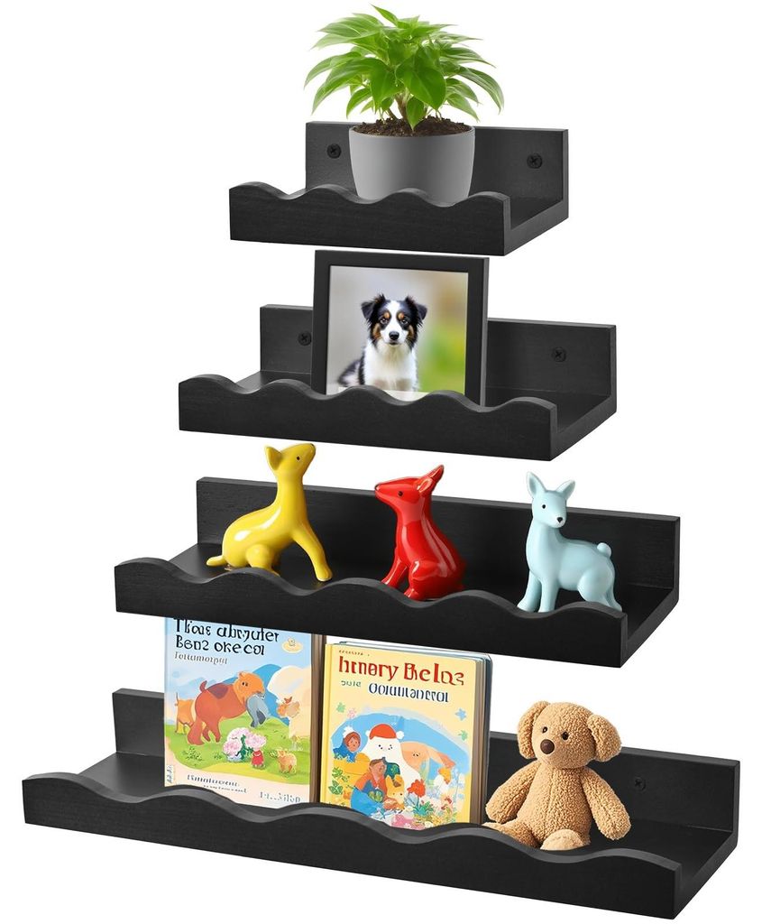 Wandregal, schwebendes Regal, 4er-Set, Wandregal fürs Kinderzimmer, Wandregale aus Holz in verschiedenen Größen, schwarze Wandpaneele zur Aufbew...