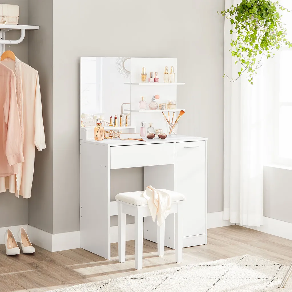 Table de Maquillage avec Miroir Coiffeuse Blanche pour Routine de Soins