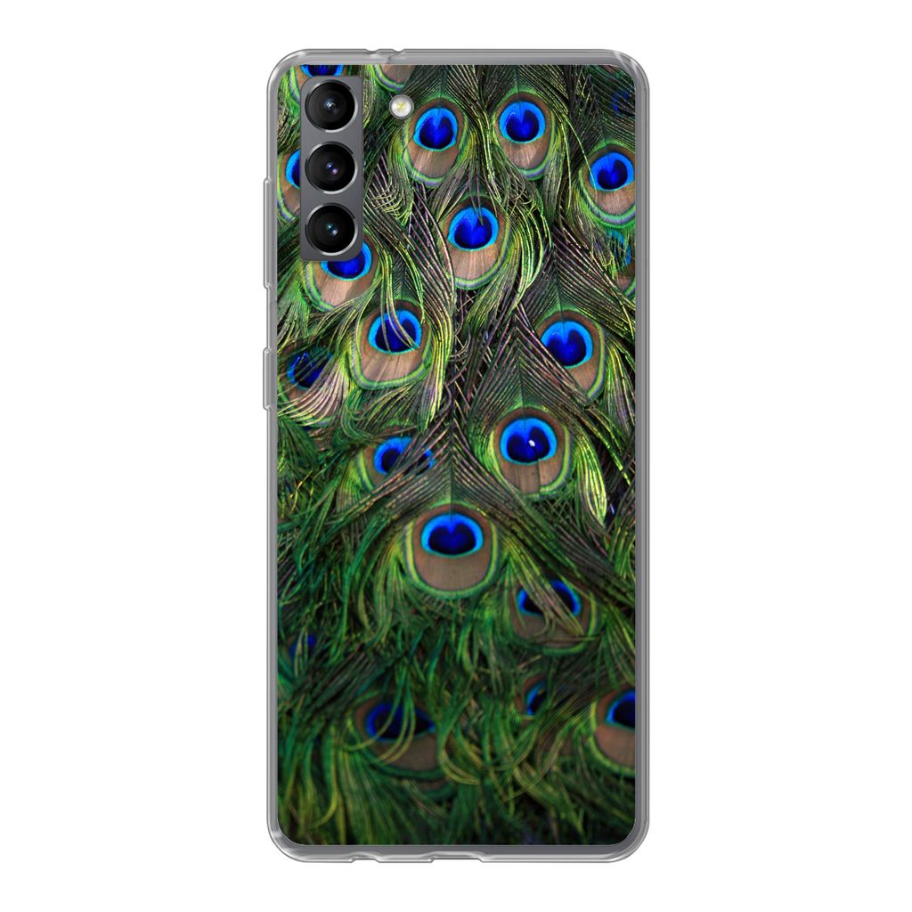 MuchoWow Handyhülle Schutzhülle Hülle für Samsung Galaxy S21 Plus Nahaufnahme von Pfauenfedern Silikon Softcase Handy Hülle - Handy-Tasche