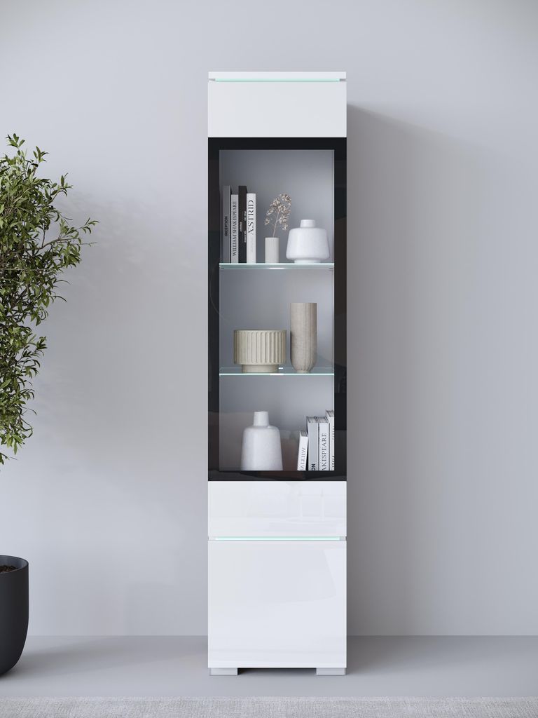MINIO go for it, VEVE 02, Vitrine, mit LED Beleuchtung Hängeschrank oder Standvitrine, modern, Glasvitrine, Weiß / Weiß Hochglanz Farbe