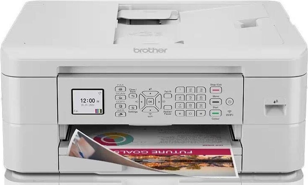 A white Brother MFC-J1010DW multifunction printer is shown from the front.
