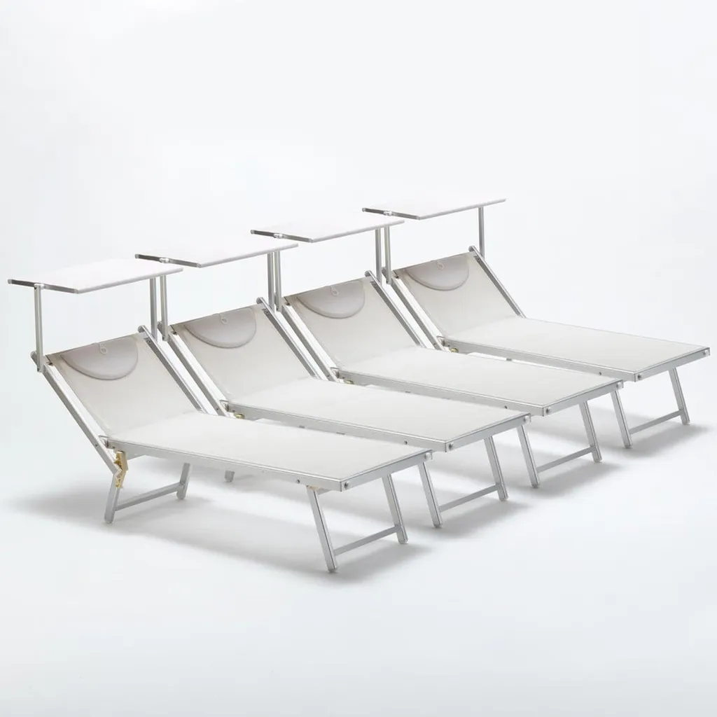 Set de 4 chaises longues de plage Italia avec toit pare-soleil Blanc