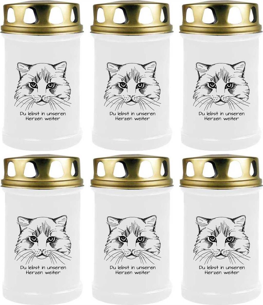Grabkerze Weiß 6er Pack, Brenndauer: 48 Stunden ( je Kerze ), Motiv: Katze 2