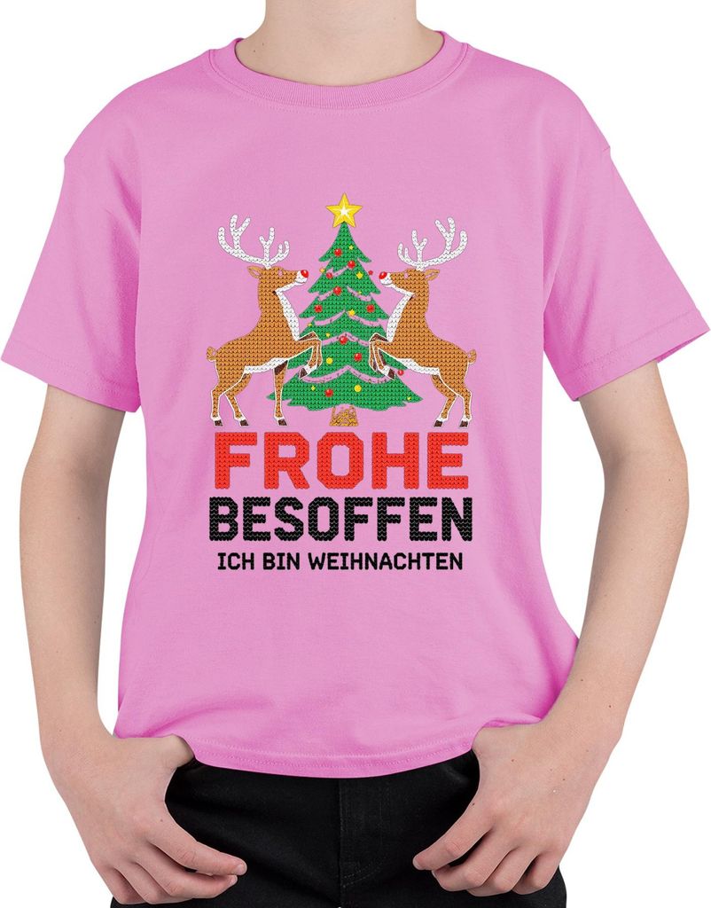 Frohe Besoffen Ich bin Weihnachten Lustig Rentier Strickoptik Uni Kinder T-Shirt, Pink, 140