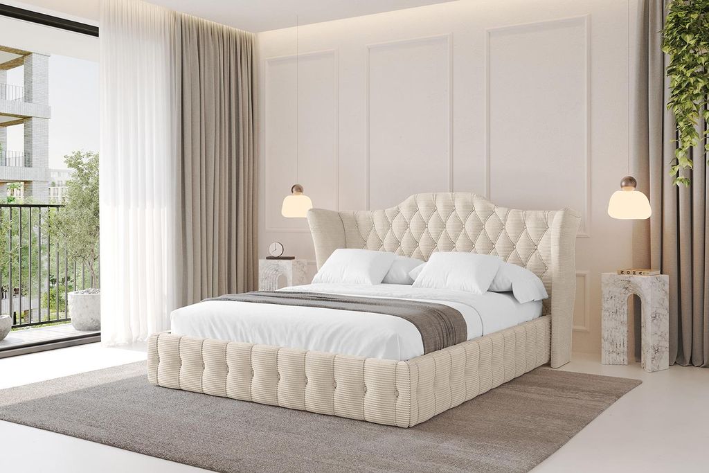 ALTDECOR Polsterbett mit Bettkasten - MODY - 180x200 Beige - Bett mit Kopfteil und Fußteil, Boxbett ohne Matratze, Doppelbett mit Stauraum