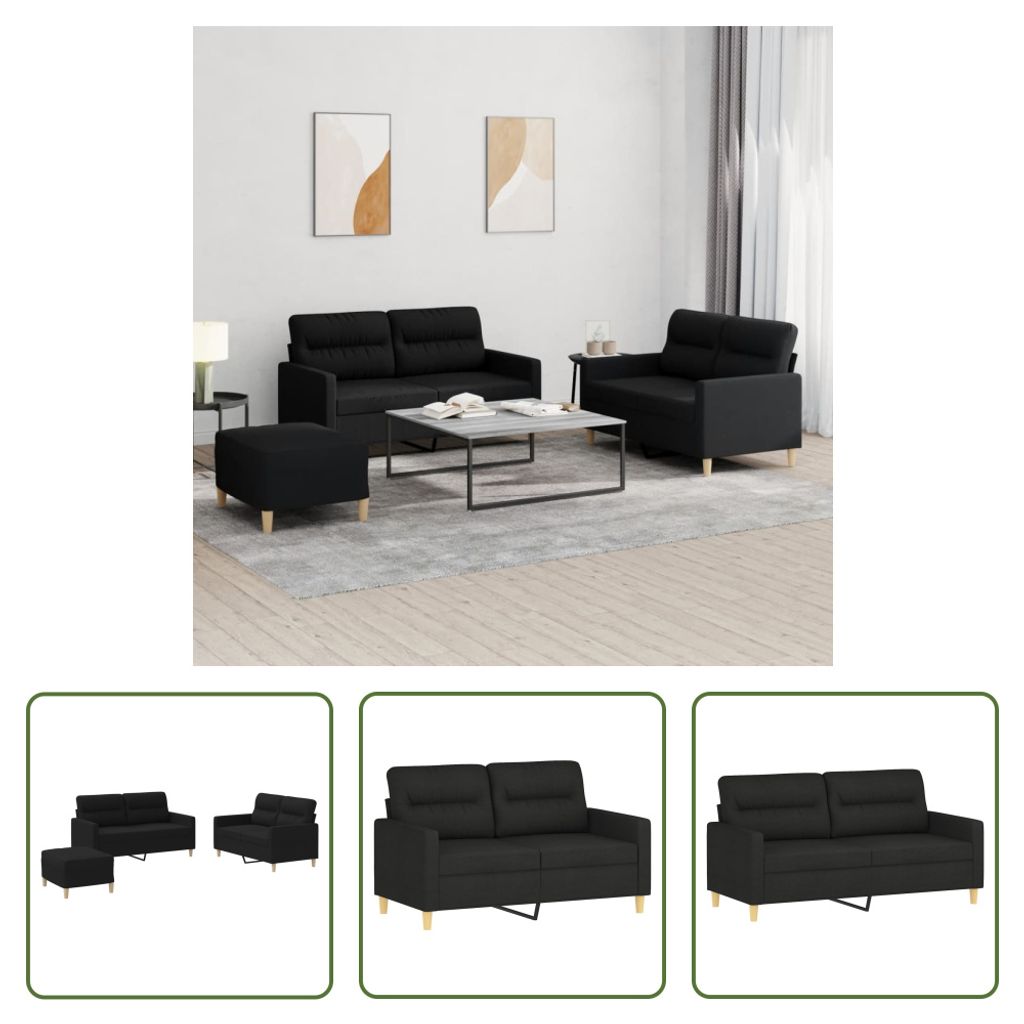 The Living Store 3-tlg. Sofagarnitur mit Kissen Schwarz Stoff
