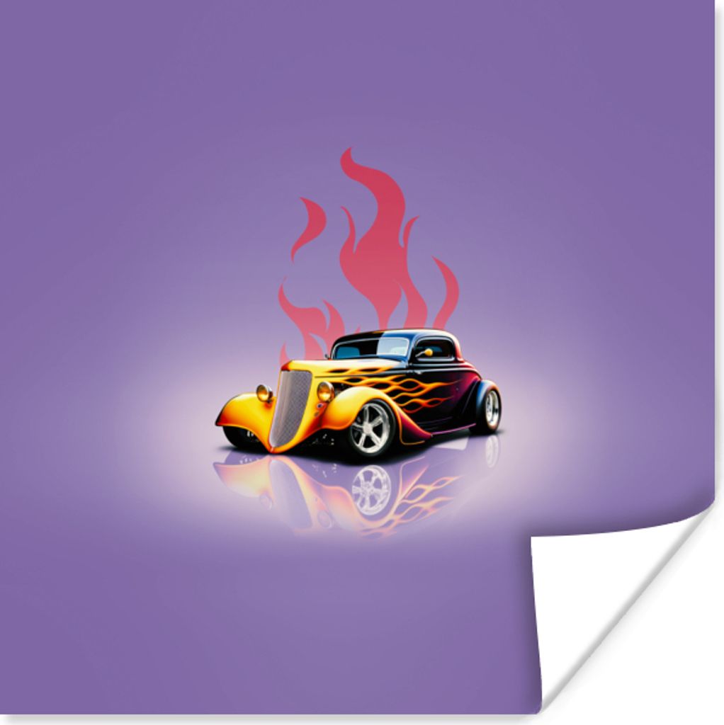 MuchoWow Poster Auto - Lila - Flammen - Vintage 75x75 cm - Wand Dekoration