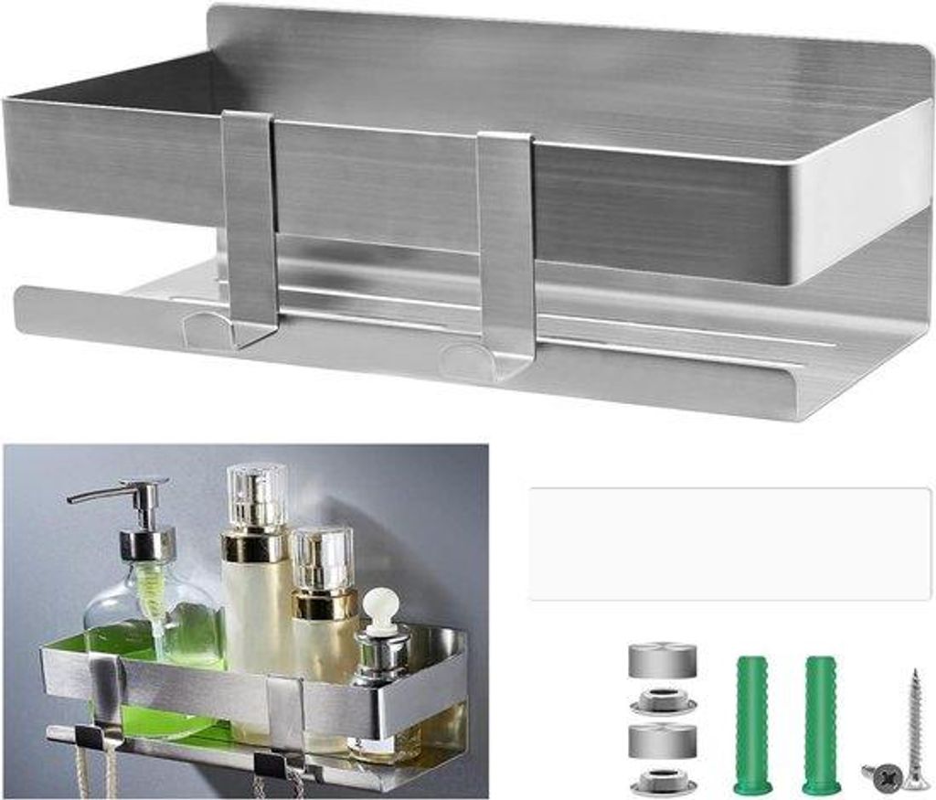 Rostfreier Stahl-Duschkittel ohne Bohren mit 2 Haken - Duschkittel zum Kleben 23 cm - Shampoo-Halter Dusche