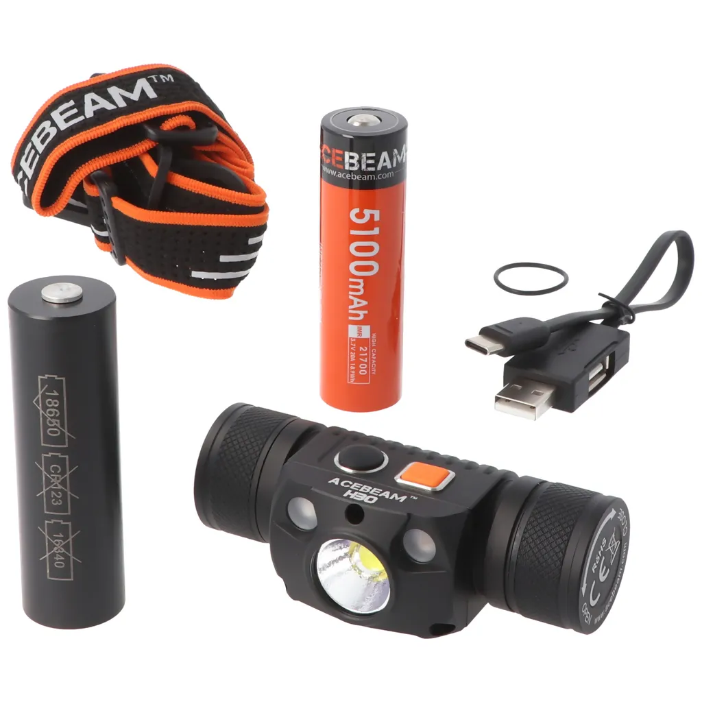 Lampe Frontale LED AceBeam H30 R+G Projecteur de Tête avec USB-C