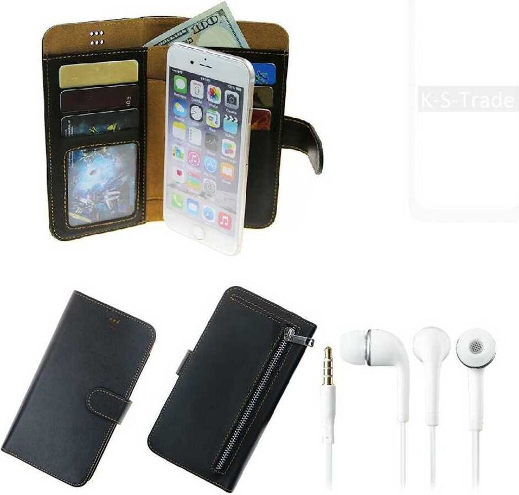 TOP SET Handy Hülle Schutz Hülle kompatibel mit Xiaomi Redmi Note 9 schwarz aus Kunstleder + Kopfhörer Smartphone Tasche vollwertige Geldbörse