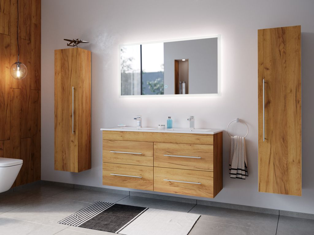 Badmöbelset Helios 4-teilig LED Spiegel 2x Hochschrank eiche gold : Eiche Gold Varianten: Eiche Gold
