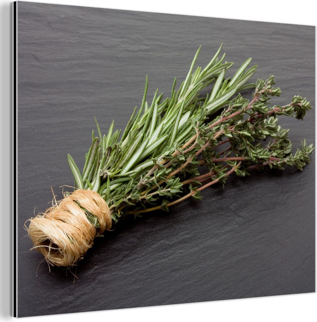MuchoWow Wanddekoration Metall Metallbild Wandkunst 80x60 cm Thymian - Kräuter - Grün - Tisch - Küche - Stein MuchoWow Aluminium Gemälde - Alubild