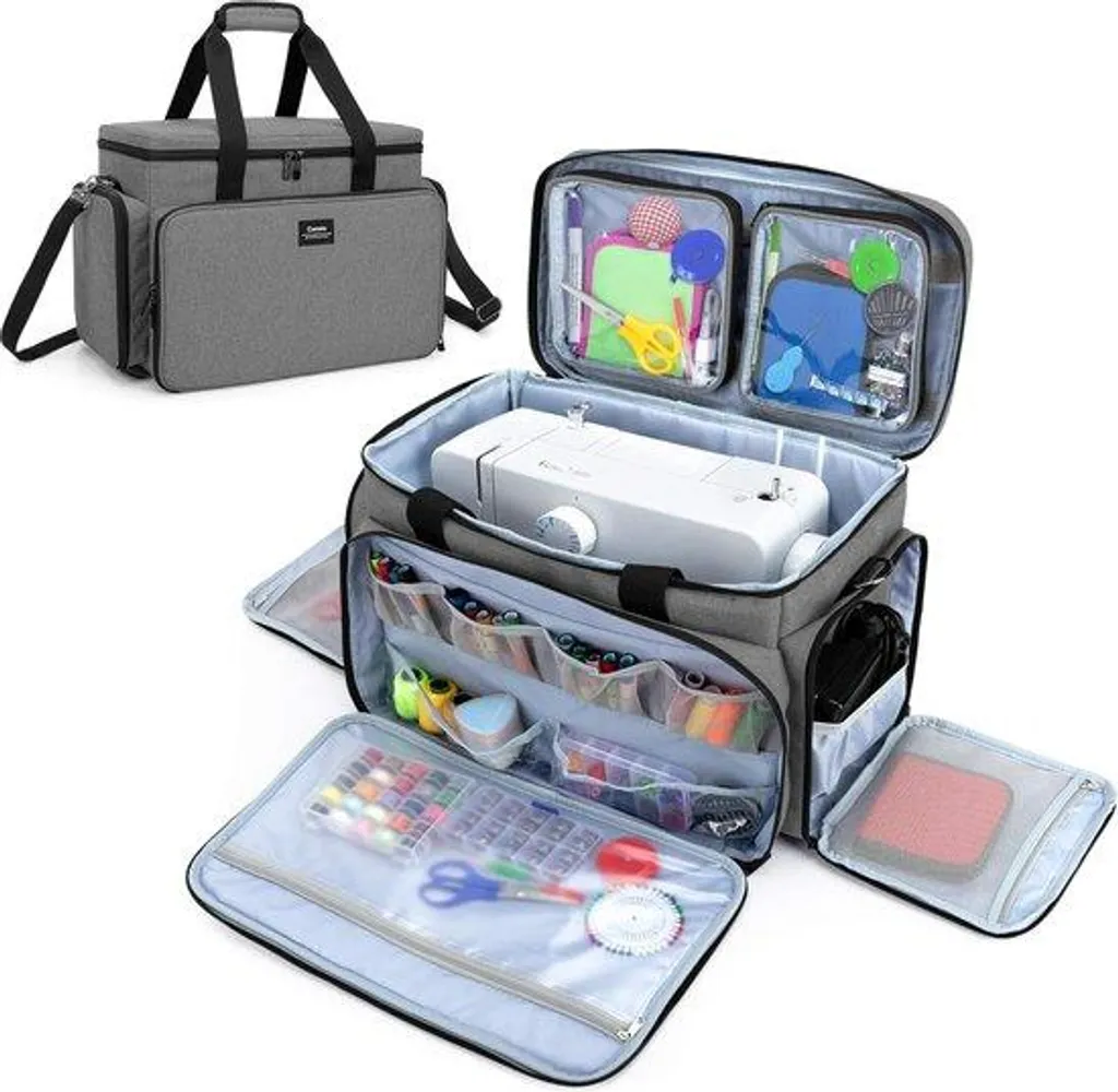 Housse de rangement machine à coudre avec poches accessoires, coloris gris