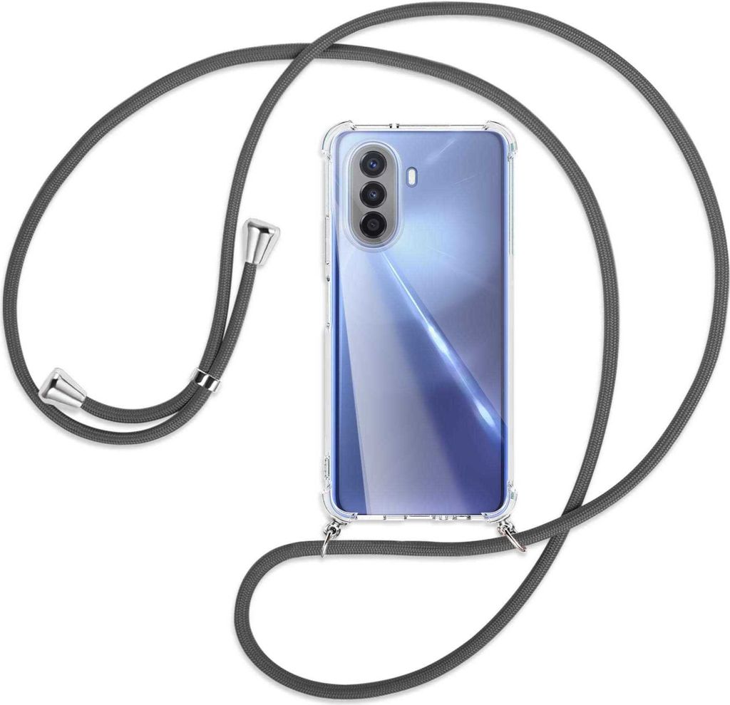 Handykette Backcover-Schutzhülle mit Band (Metall silberfarben) für Huawei nova Y70 4G (MGA-LX9) - dunkelgrau