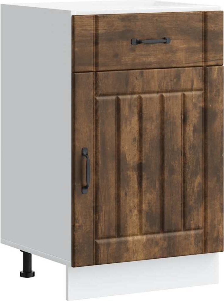 A single kitchen base cabinet with a wooden door and drawer front, shown against a white background.
