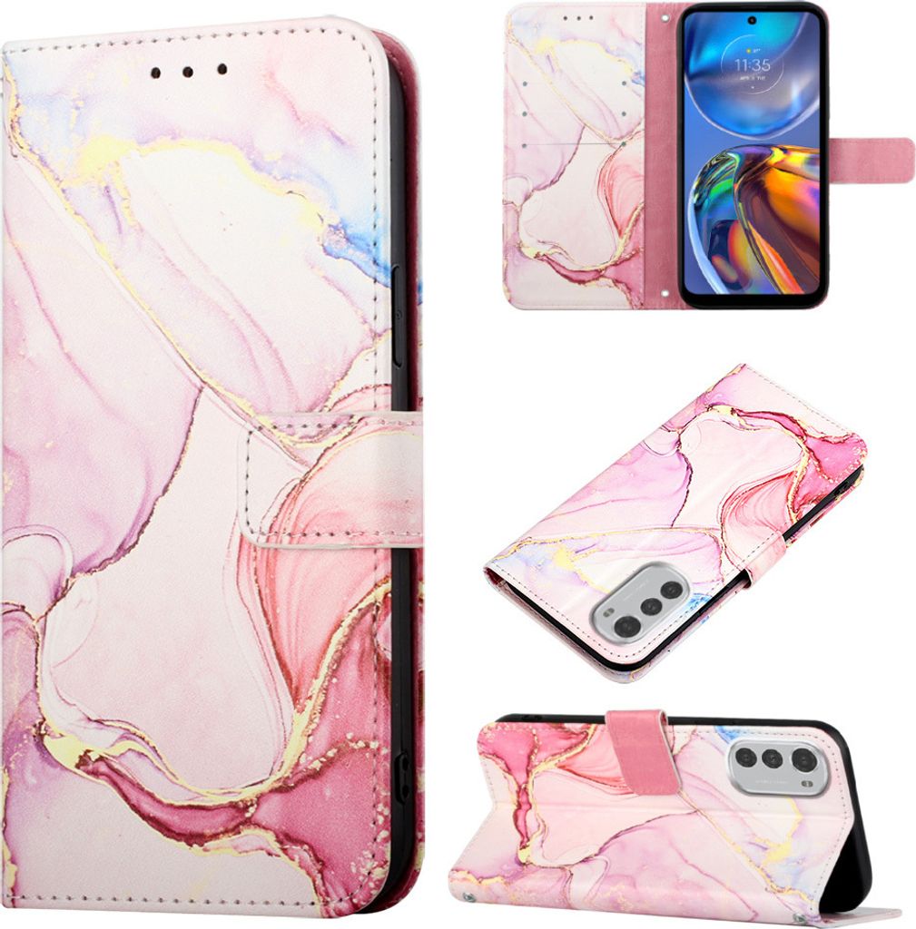 Moto E32 Hülle, Marmor Motiv Kunstleder Tasche Wallet Kartenfächer mit Standfunktion Klapp Schutzhülle für Motorola Moto E32 Pink Weiß