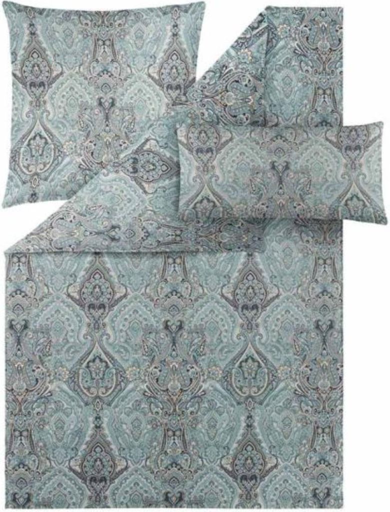 A set of bedding with a paisley pattern.