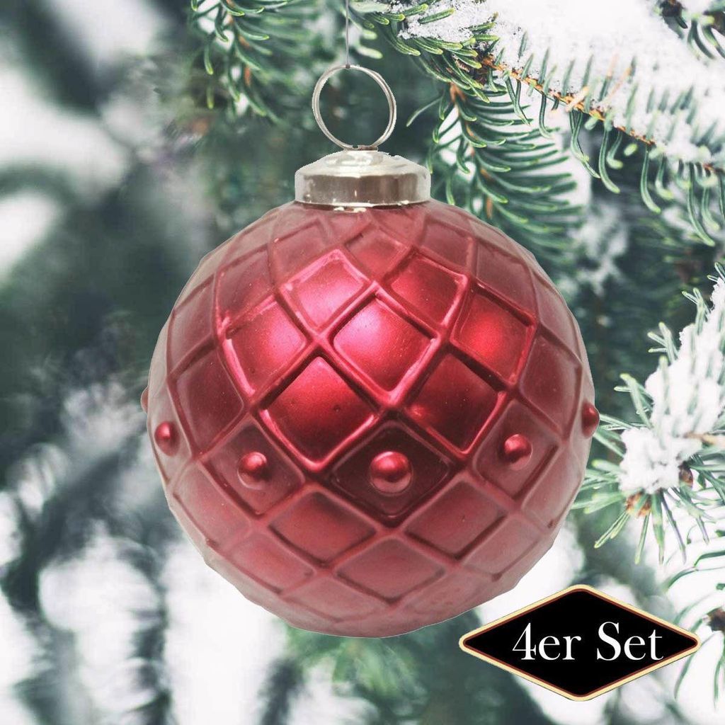 Premium Weihnachtskugel, rund rot Rautenmuster, matt - handgemacht Indien, Ø12cm
