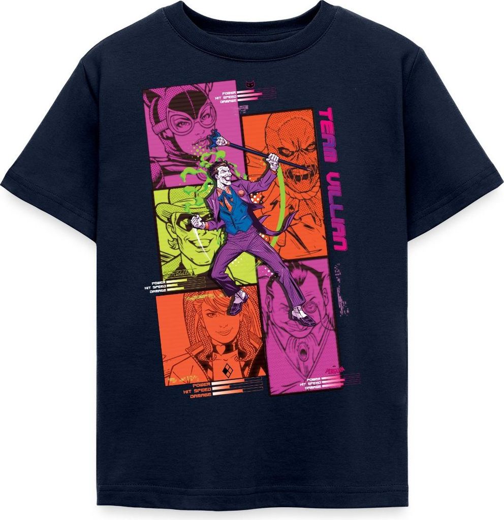 Spreadshirt Batman Team Villain Mit Joker Und Comic-Panels Kinder T-Shirt, 122/128 (7-8 Jahre), Navy