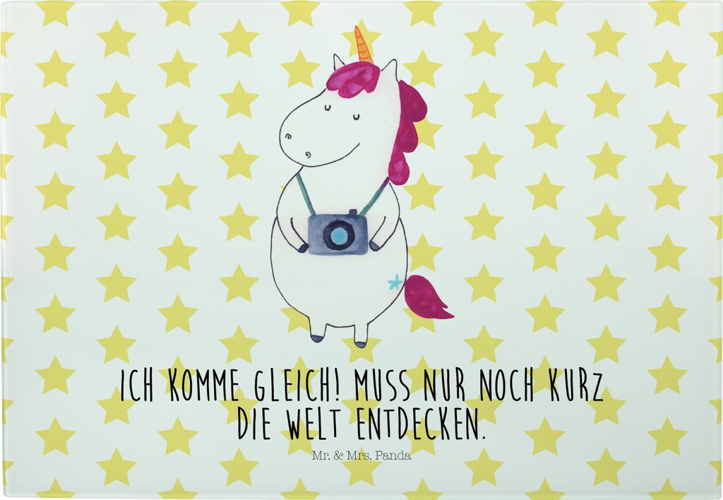 Mr. & Mrs. Panda Servierplatte Einhorn Fotograf - Weiß - Geschenk, Frühstücksbrett, Brotzeitplatte, Küchenbrett, Schneidebrett, Urlaub, Unicorn...
