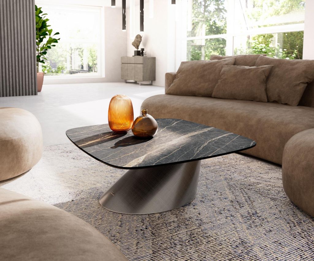 DELIFE Couchtisch Edge Boot 90x90 cm Keramik Laminam Noir Desir Braun Conis Metallic Silber