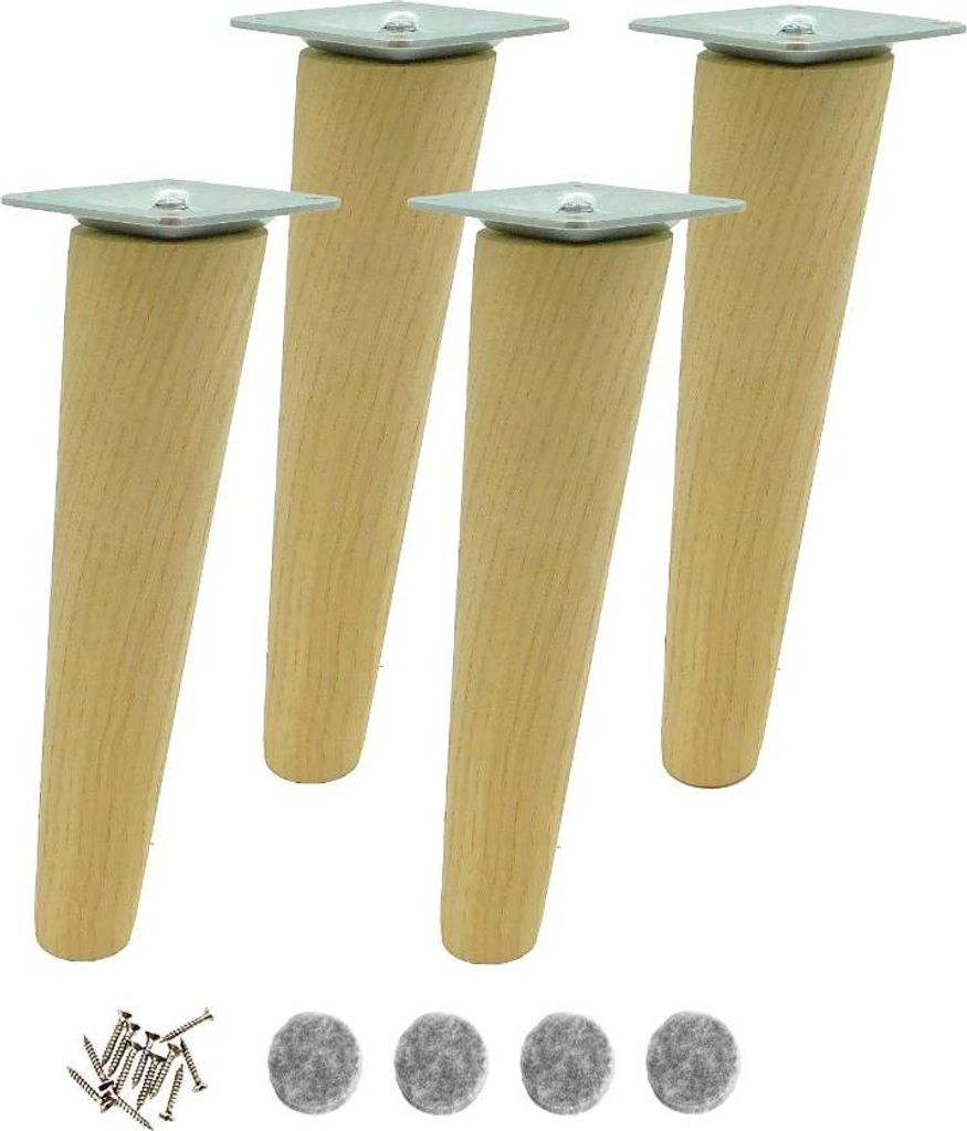 4x Möbelfüße aus Eiche – schräg, roh, 18 cm – mit M8-Schraube & Montageplatte