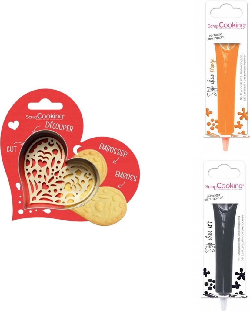 Herz-Relief-Plätzchen-Set + 2 Stifte in Orange und Zartbitterschokolade