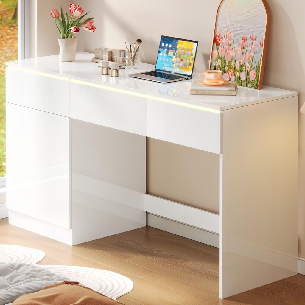 okwish Weiß Hochglanz Schreibtisch mit zwei Schubladen und LED, Computertisch Viel Stauraum, Für Arbeitszimmer oder Schlafzimmer