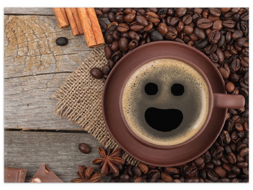 Wallario Premium Teppich, Größe 50 x 70 cm, Lustige Kaffeetasse mit einem Lächeln - Kaffeebohnen und Zimt