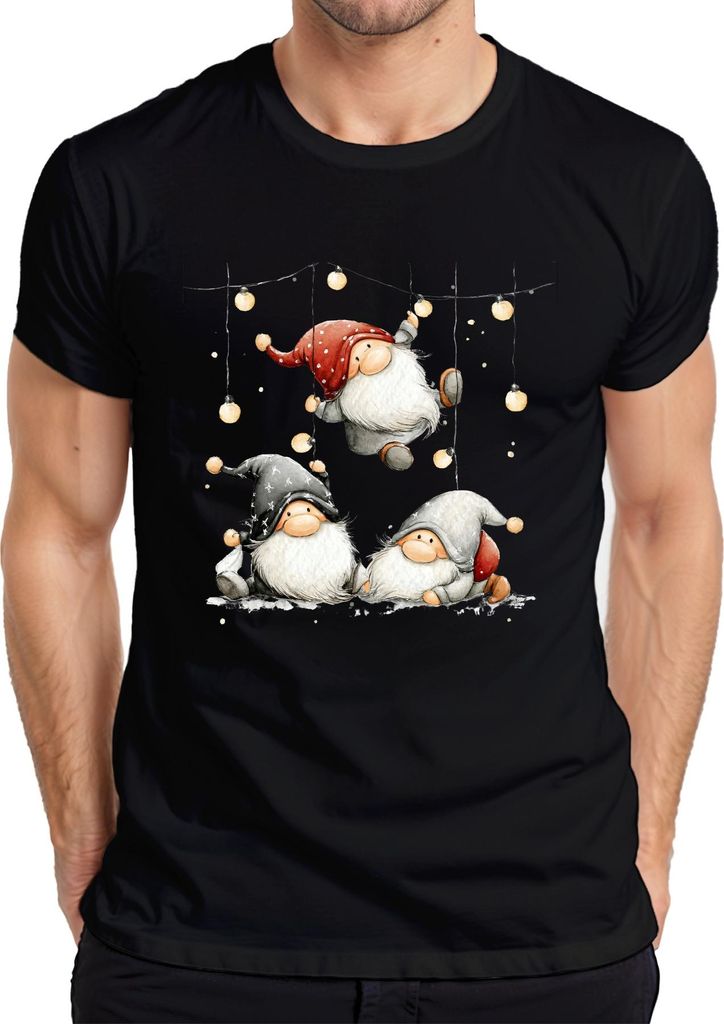 Weihnachtswichtel Lichterkette niedlich skandinavisch Geschenk Herren T-Shirt, Schwarz, XL