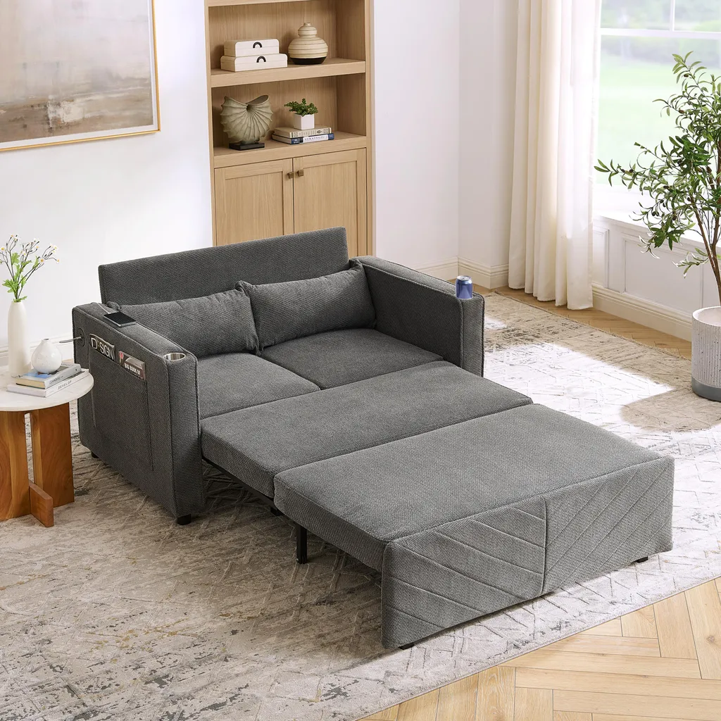 Canapé-lit velours côtelé beige avec système coulissant et USB