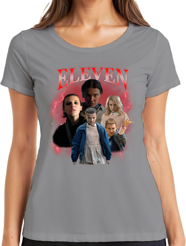 ELEVEN Elfie Stranger Serienfan Geschenk 80er Retro Hawkins 90s Bootleg Damen T-Shirt, Grau, L