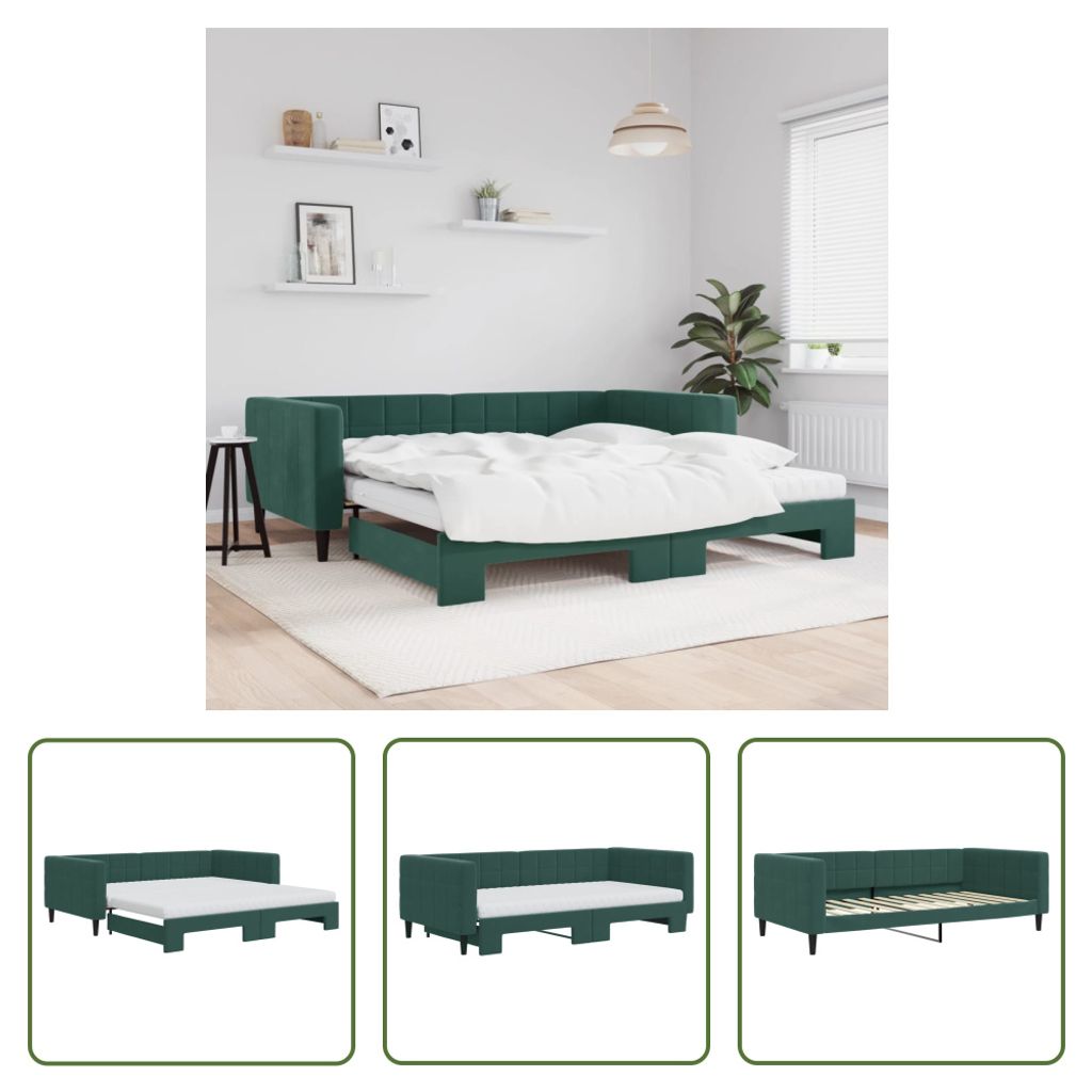 The Living Store Tagesbett Ausziehbar mit Matratzen Dunkelgrün 100x200 cm Samt