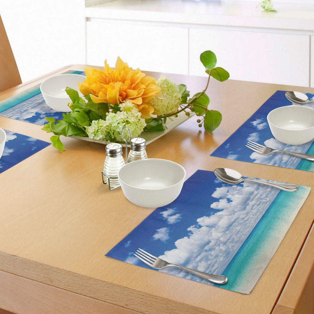ABAKUHAUS Ozean Platzmatten, Paradies-Strand und Tropische hawaiische exotische Himmel-Farbe mit Wolken-Landschaft, Tiscjdeco aus Farbfesten Stoff ...
