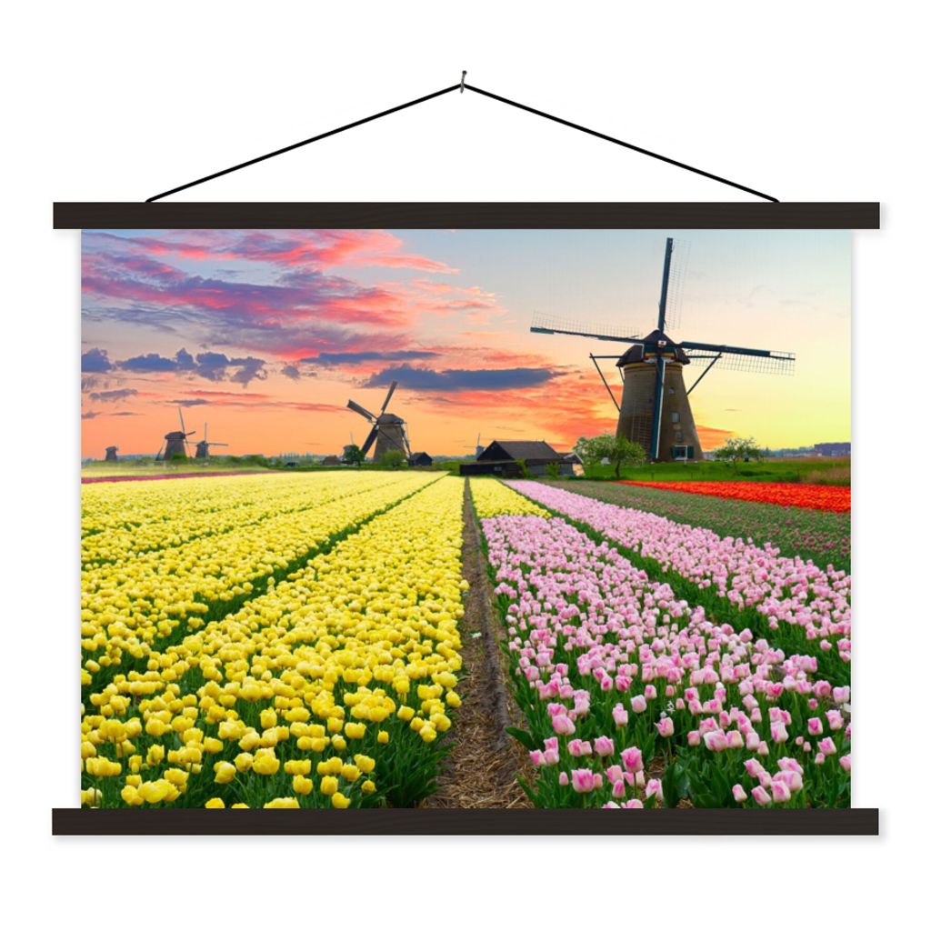 MuchoWow Textilposter Windmühle - Tulpen - Blumen - Niederlande 150x113 cm mit schwarzem Rahmen - Wohnzimmer