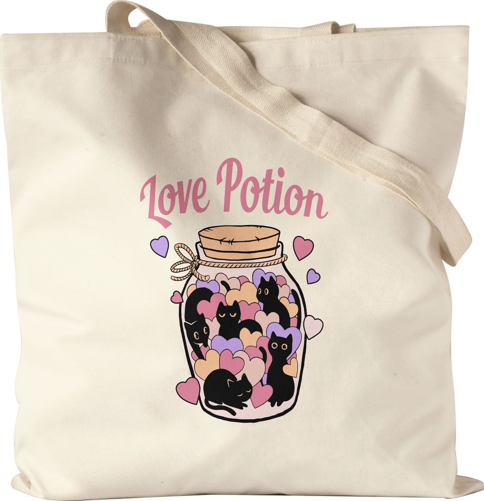 Love Potion Jutebeutel Stoffbeutel mit Katzen und Herzen Motiv für Katzenliebhaber Katzenliebe Miau Mieze Büsi