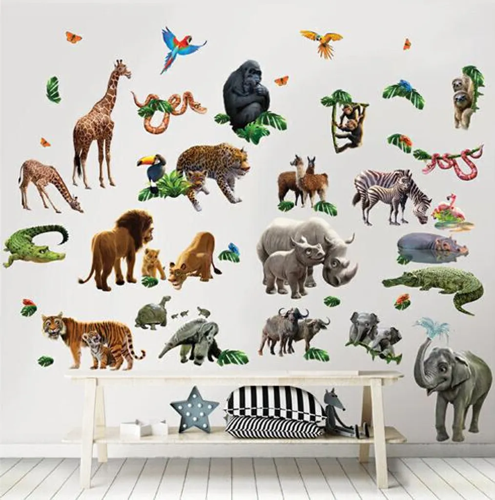 Adesivi Murali Animali Della Giungla Per Cameretta, Safari Con Luna E Stelle, Rimovibili, Sicuri,  Pezzi - 4