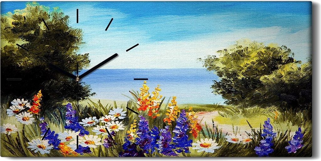Wohnzimmer-Bild Leinwand Uhr 60x30 Ölgemälde Blumen Bäume Meer Himmel Kunst - schwarze Hände