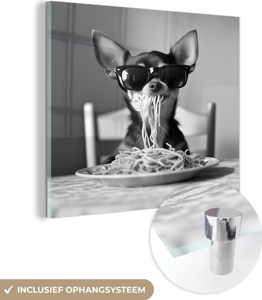 MuchoWow Glasbilder - Bilder auf Wandbild - Foto auf Glas Chihuahua - Hund - Sonnenbrille - Humorvoll - Schwarz - Weiß - Spaghetti 40x40 cm Wandde...