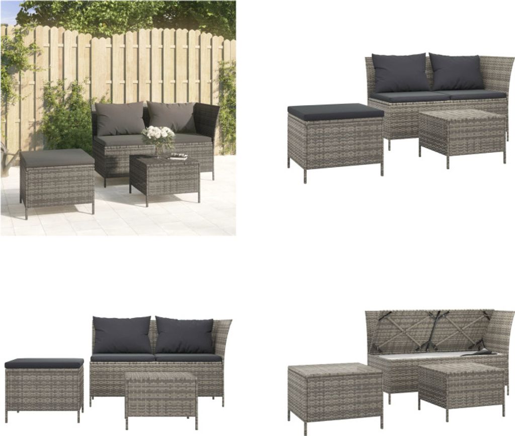vidaXL 3 tlg. Garten Lounge Set mit Kissen Grau Poly Rattan - Garten Lounge Set - Garten Lounge Sets - Lounge Set - Gartenmöbel Set