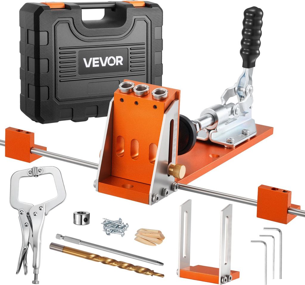 VEVOR Pocket Hole Jig Kit Taschenloch-Vorrichtungssatz 12,7-38,1 mm, Vorrichtungs-Taschenlochsystem mit Werkzeugkoffer C-Klemme Stufenbohrer Sechsk...