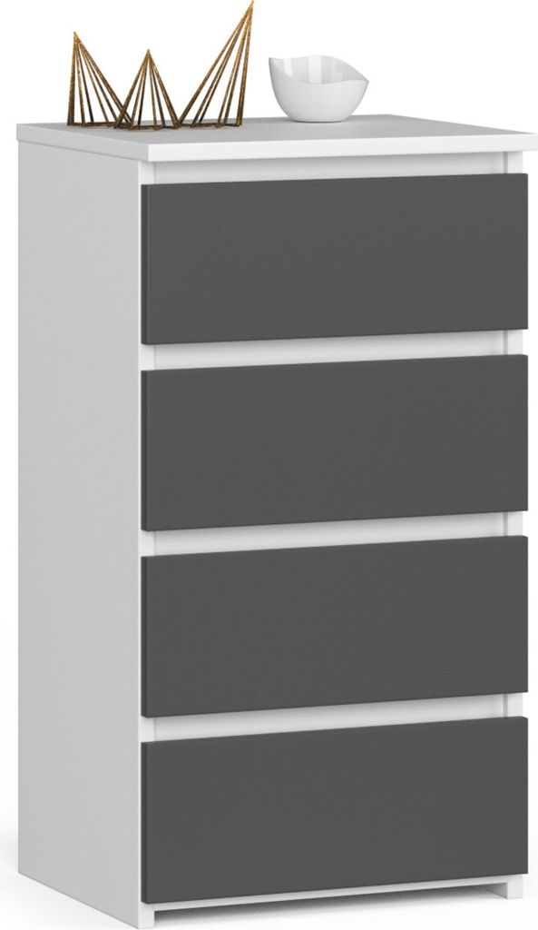 Kommode breit Holz Highboard Sideboard für Flur Schlafzimmer Wohnzimmer Kinderzimmer Organizer, 4 Schubladen, weiß-grau