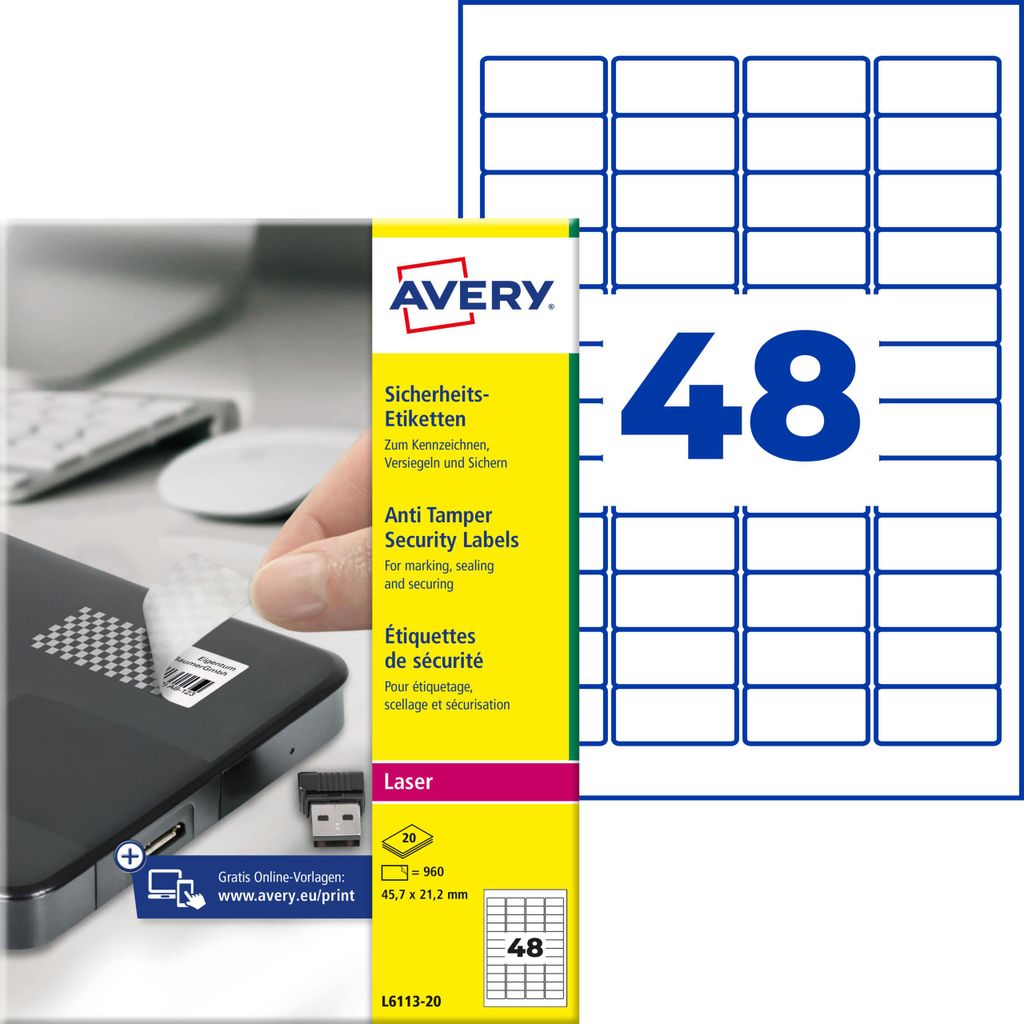 Avery Zweckform L6113-20, Sicherheits-Etiketten, A4, 45,7 x Produktbild 