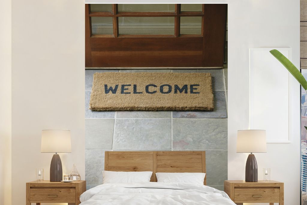 MuchoWow Fototapete für Wohnzimmer oder Schlafzimmer Wandtapete Vinyl Motivtapete Eine Willkommensmatte vor der Tür - 155x240 cm - Tapete